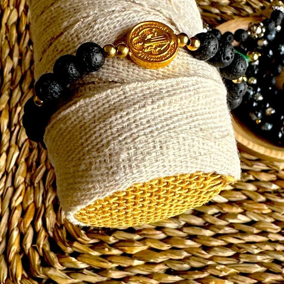 Lava rock & Saint Benedict beaded handmade bracelet/protection &  peace - Picture 1 of 8